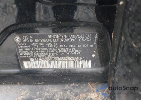 2006 BMW 325I from USA, damaged, VIN WBAVB135X6KX46981